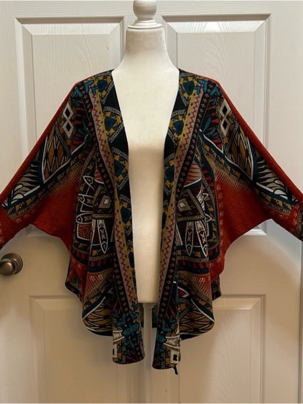 Tyche Aztec Open-Front Shrug in Teal, Rust, Yellow, Black